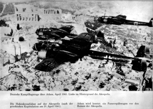 1941, German bombers above Athens. Below them, on the left, the Acropolis. Photo from here.