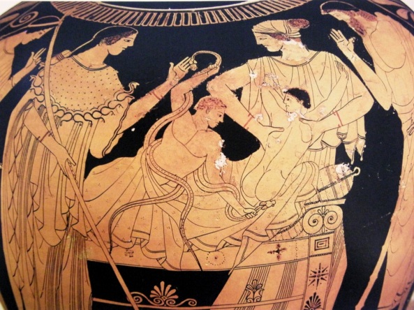 Hercules strangles the snakes, guided by Athena, to the left. His brother Iphytus seeks the comfort of a nurse's arms. His mother and father, to the right and left, gesticulate in surprise.
